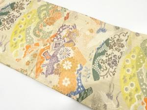 アンティーク　地紙に宝尽くし・鶴・草花模様織り出し丸帯（材料）